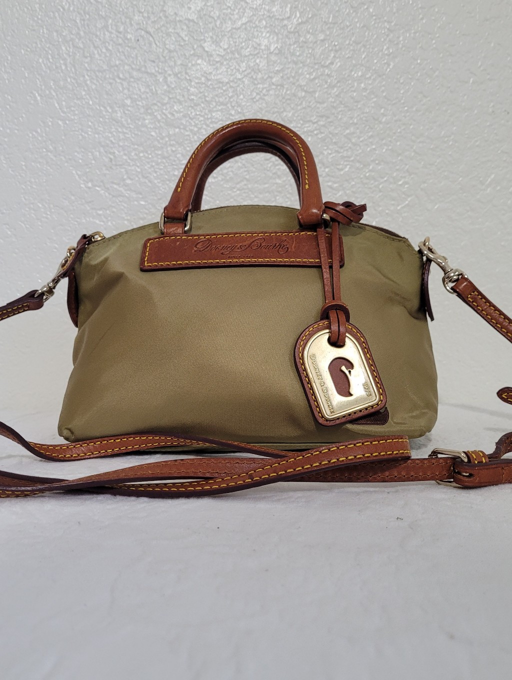 Dooney & Bourke Tan Mini Juliette Satchel Nylon Vacchetta Leather Crossbody Bag